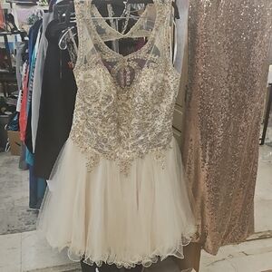 Ivory Tulle Prom Dress with Gold Beaded Bodice